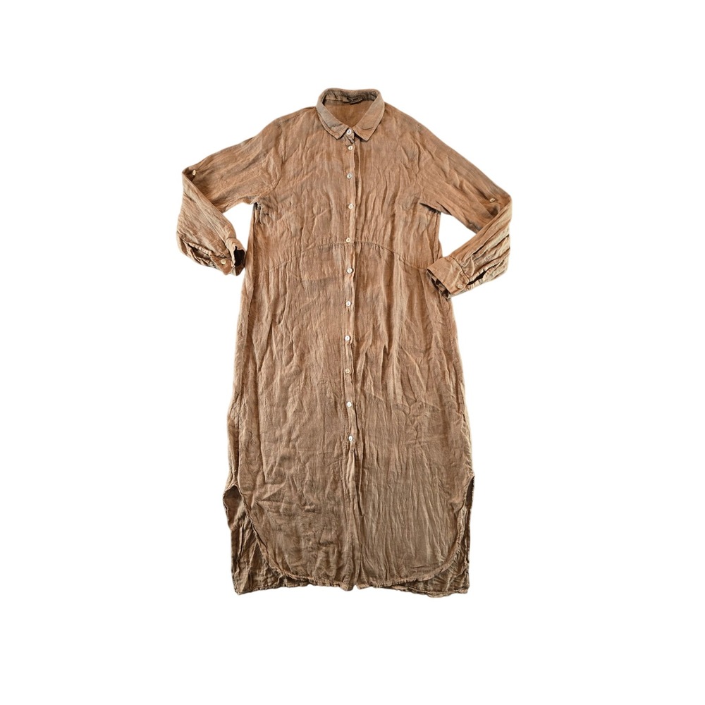 Meo Meli Shirt Dress Womens M Tan 100% Linen Made In Italy Roll Tab Long Midi
